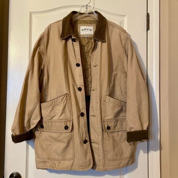 Vintage ORVIS Canvas Chore Barn Coat Field Jacket Corduroy Cuffs Tan Brown Sz L - Picture 3 of 12